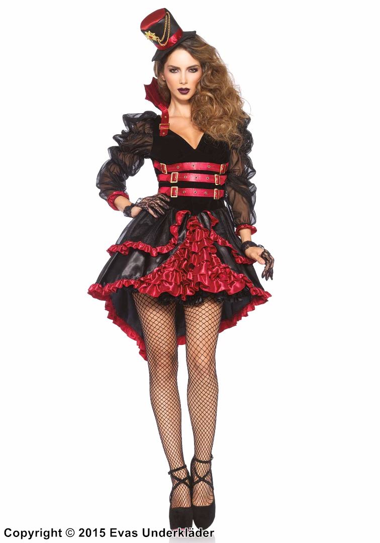 Victorian female vampire, costume dress, satin, ruffles, belt